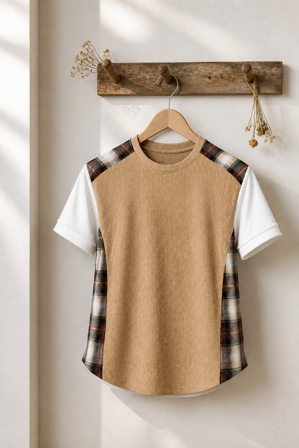 T-shirt with plaid sleeves hanging on a wooden hook against a white wall.