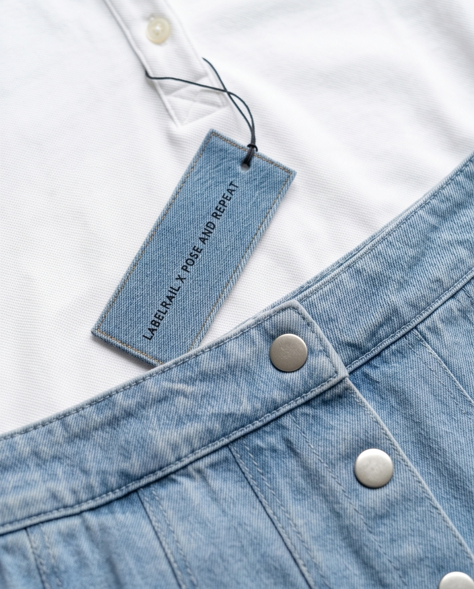 Close-up of a denim jacket with a label on a white background