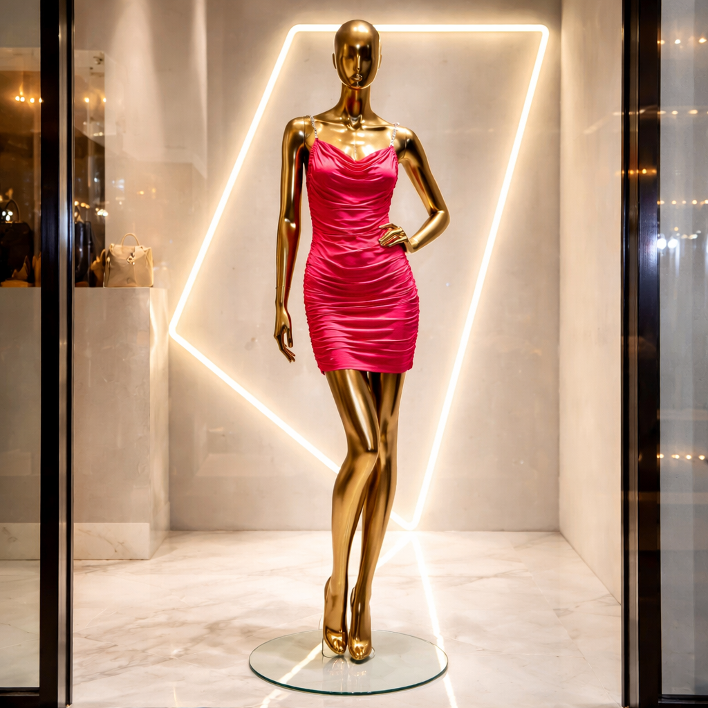 Gold mannequin wearing a pink dress in a store window with illuminated geometric design.