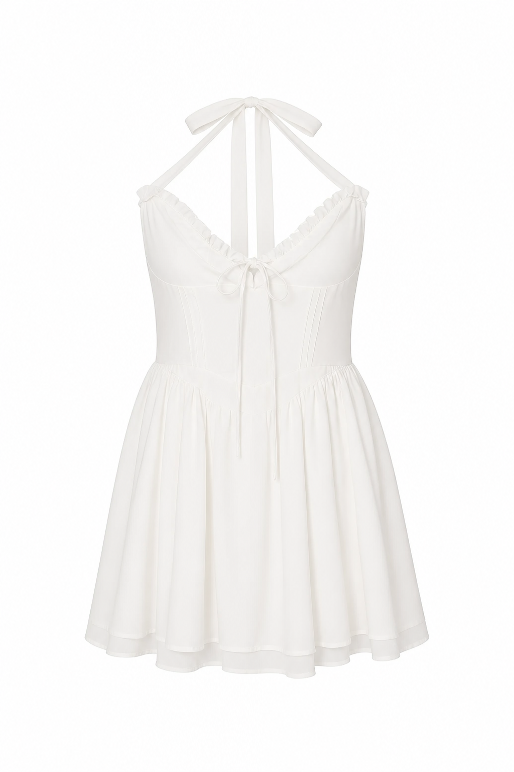 An off-white halter neck mini dress with a ruffled neckline, tie-front detail, and a flared skirt, shown against a plain white background.