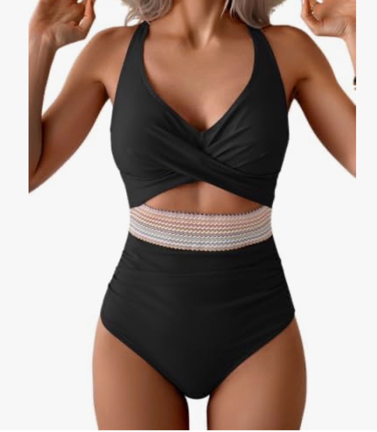 Black swimsuit with a unique design on a white background