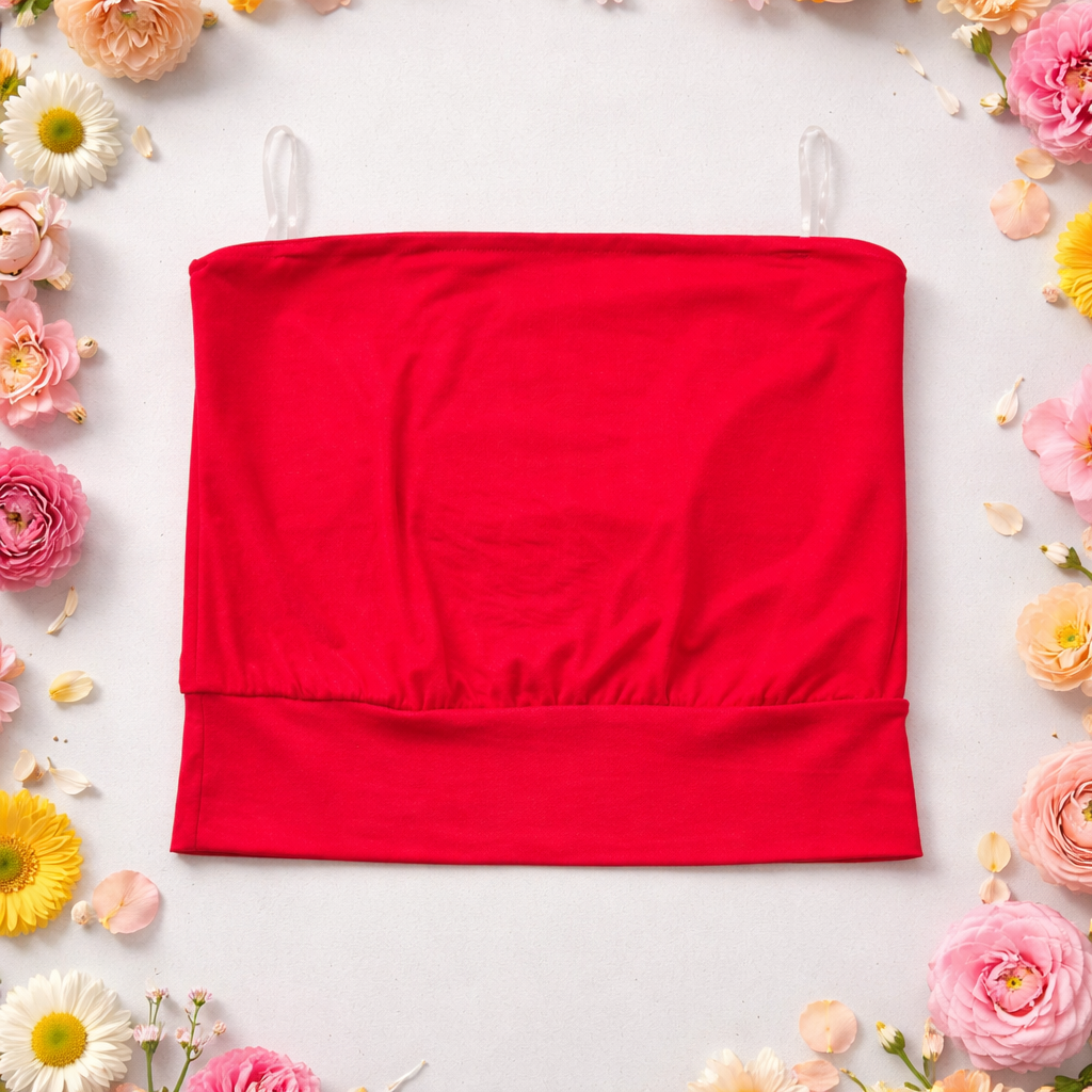 Red tube top on a white background with flowers around