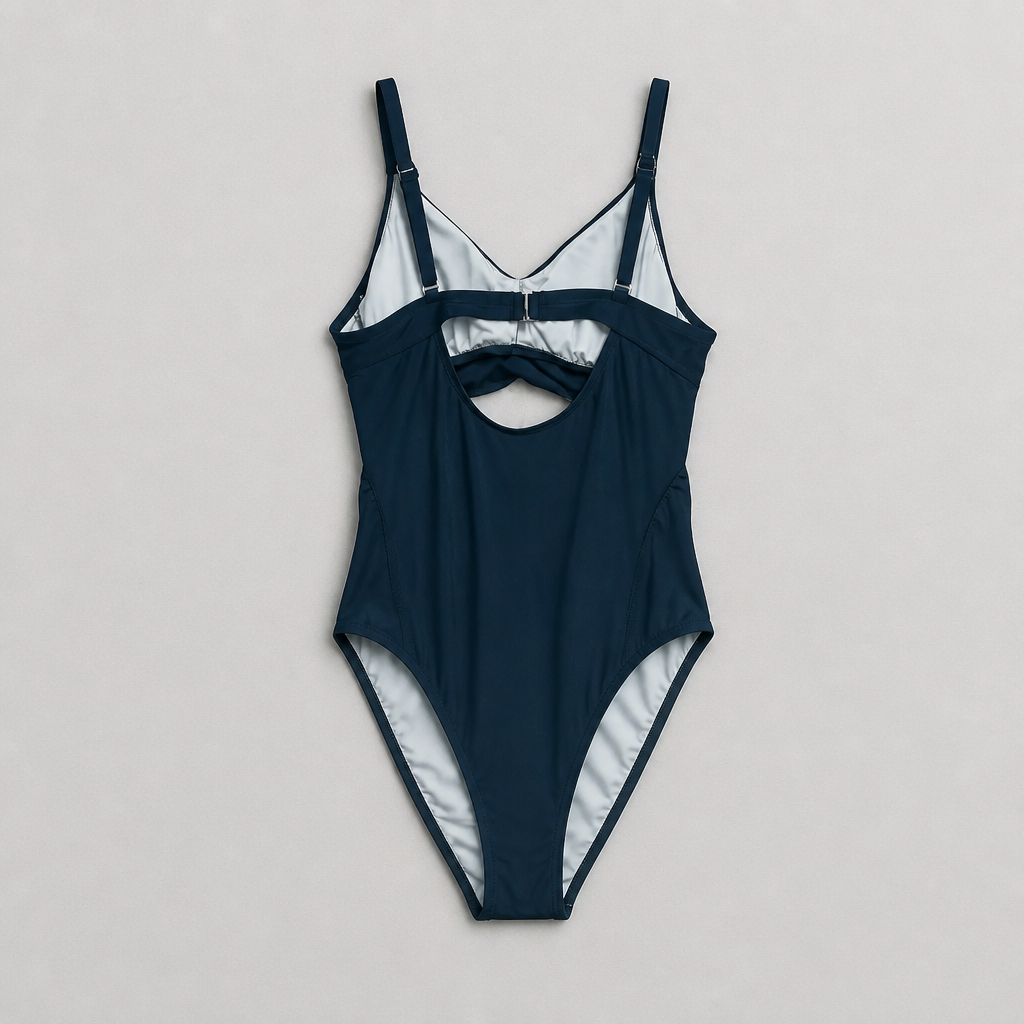 Navy blue swimsuit with white lining on a light gray background