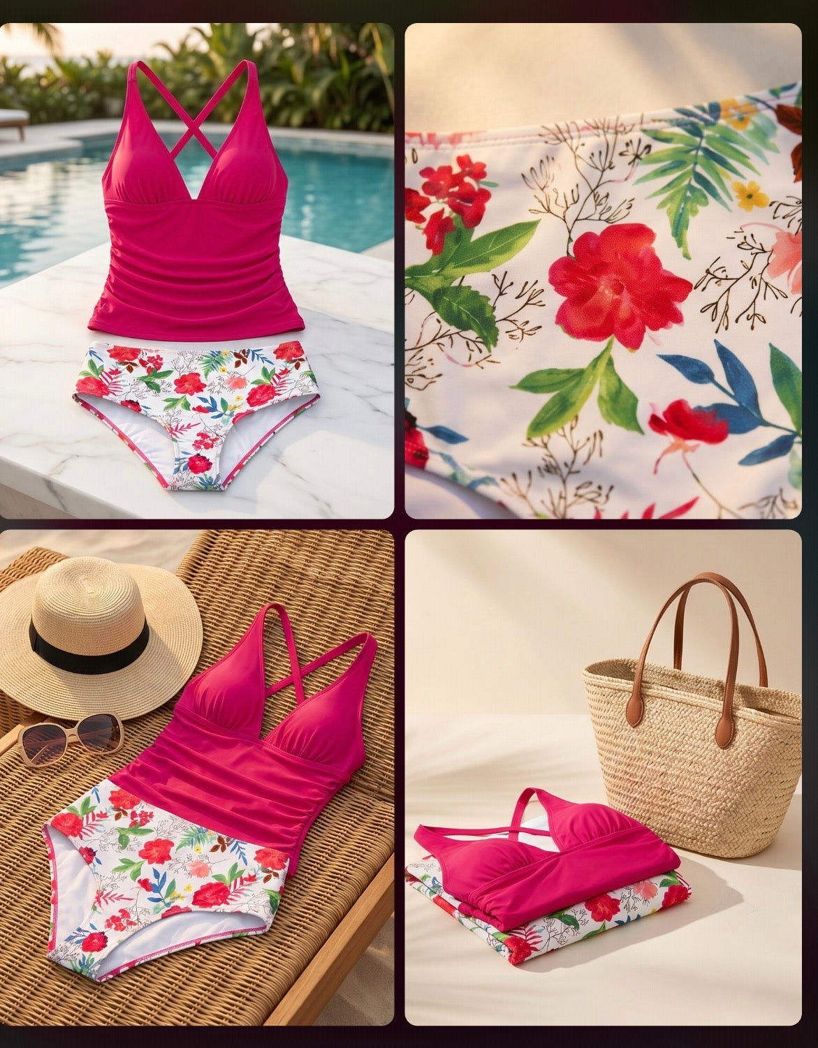 Beachsissi Women's Cute Swimsuits V Neck Tummy Control Tankini Set