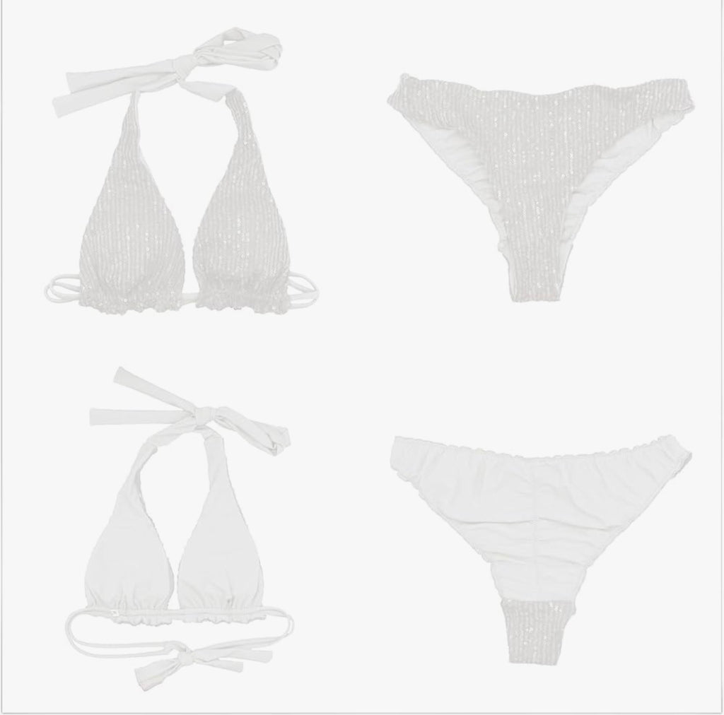 White bikini set with two different styles on a white background