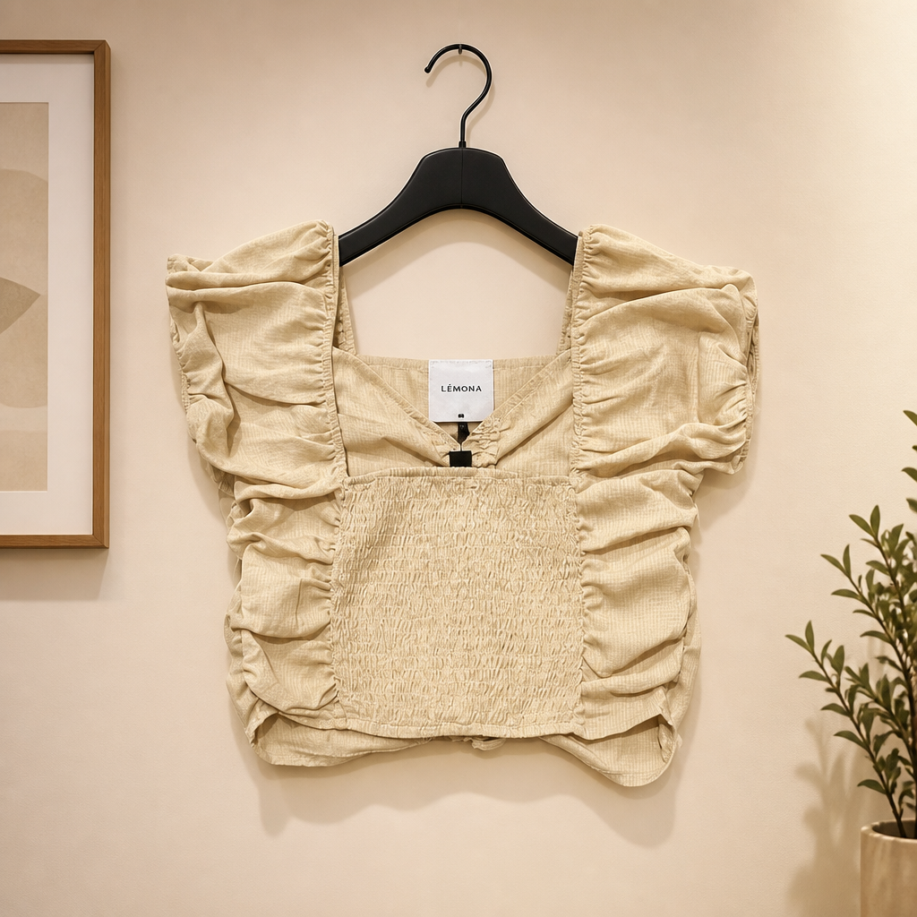 Beige ruffled top on a hanger against a beige wall with a plant and framed picture.