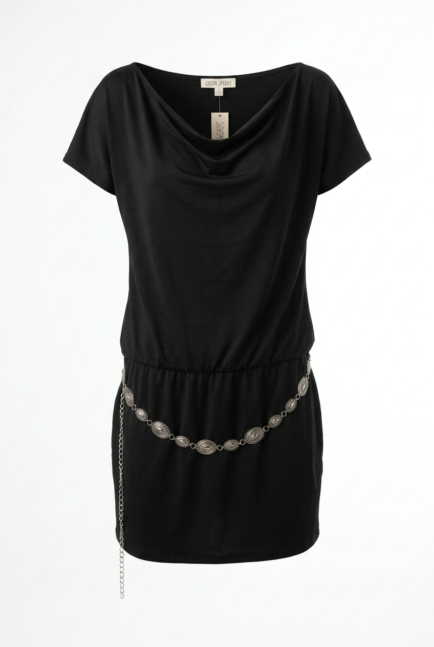 Black dress with embellishments on a white background