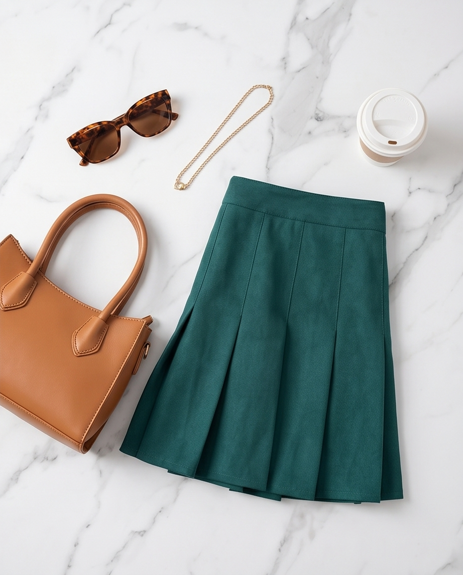 Green skirt with brown handbag, sunglasses, and candle on a marble surface
