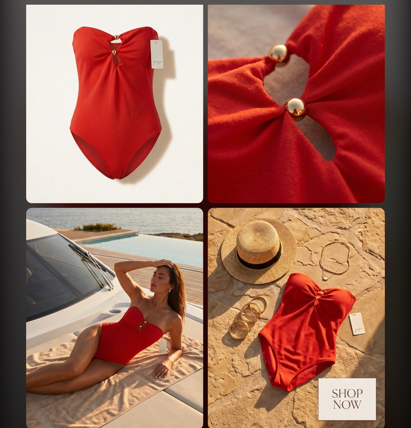 Red swimsuit with close-up details and a woman wearing it on a beach.