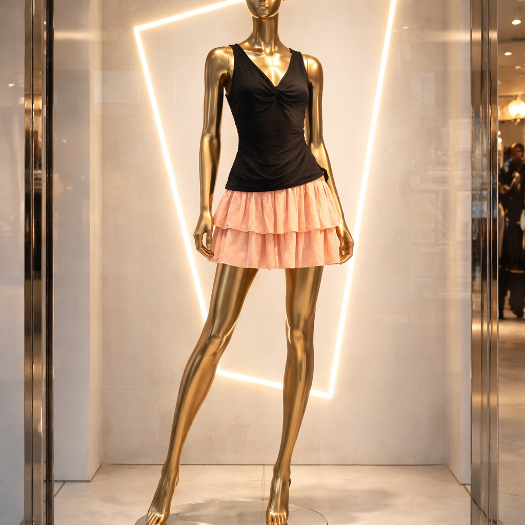 Mannequin wearing a black top and pink skirt in a store setting
