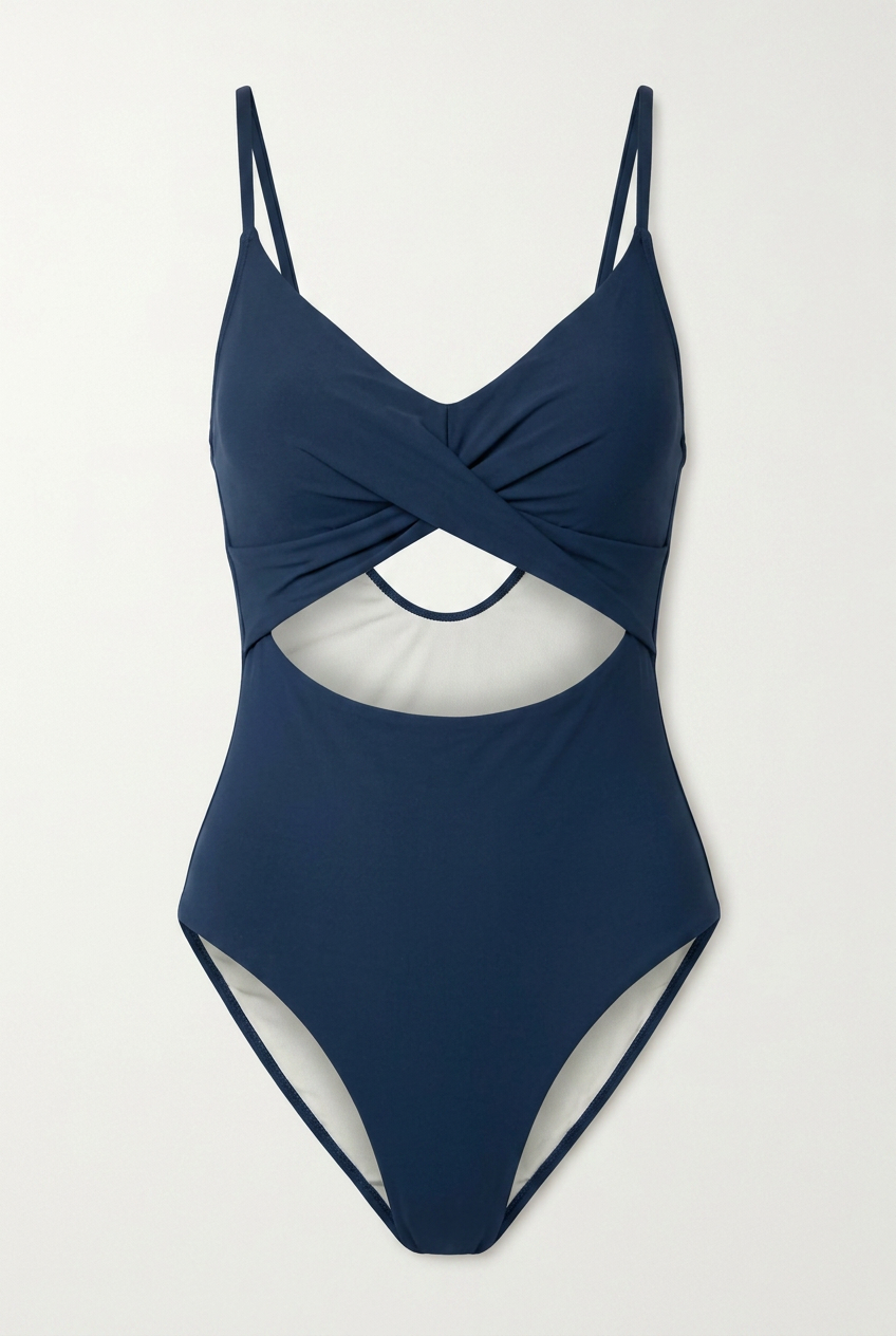 Navy blue swimsuit with cut-out design on a light gray background