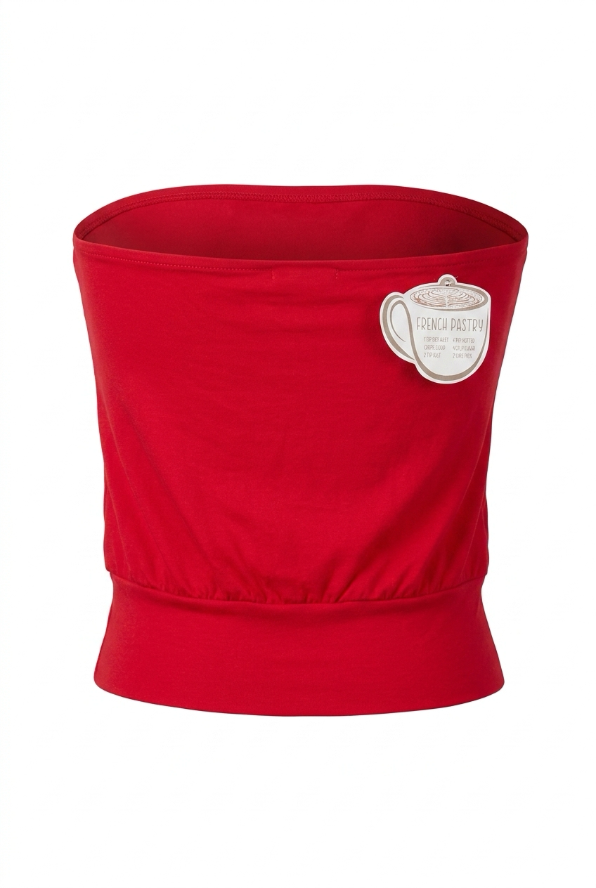 Red neck warmer with a brand label on a white background