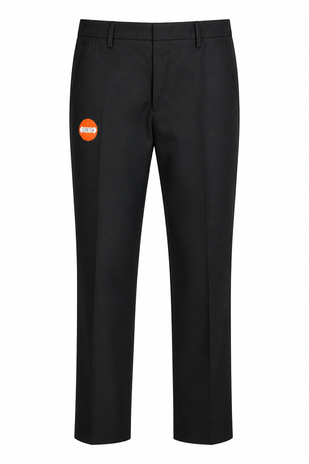 Front product shot — "Dockers Signature black iron-free straight fit trousers, front view with orange stretch badge on white background"
