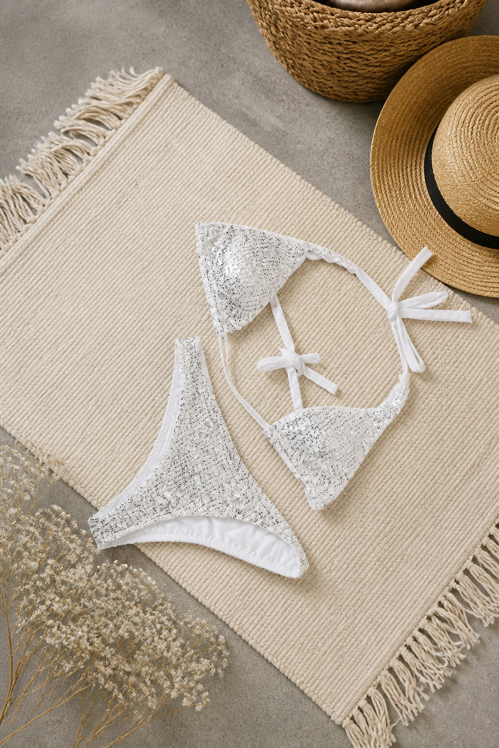 Beige woven mat with a white beaded bikini set and straw hat on a neutral background