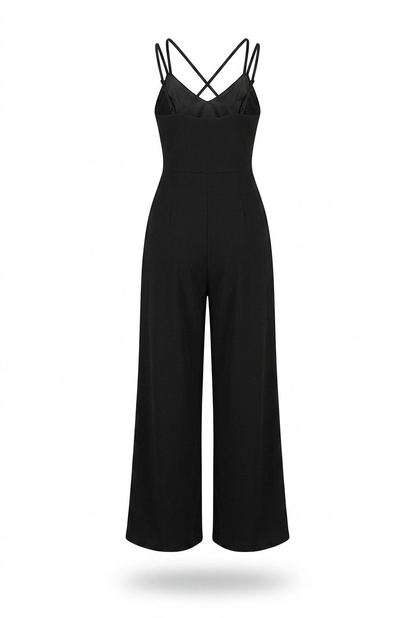 Black jumpsuit with criss-cross straps on a white background