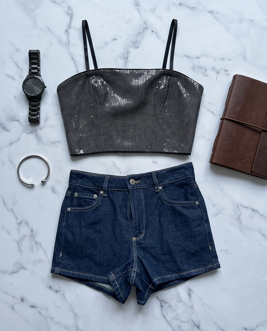 Black ribbed crop top, blue denim shorts, brown leather wallet, black watch, and silver bracelet on a marble surface.