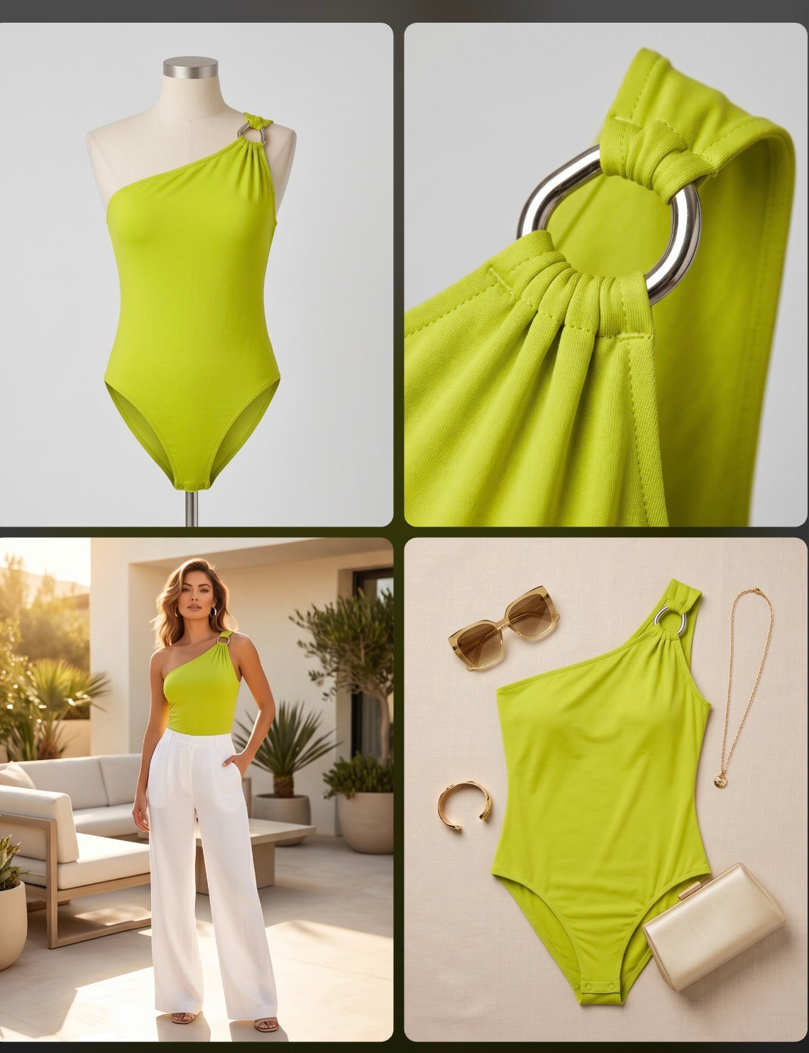 Collage of a lime green one-shoulder swimsuit with accessories on a neutral background.