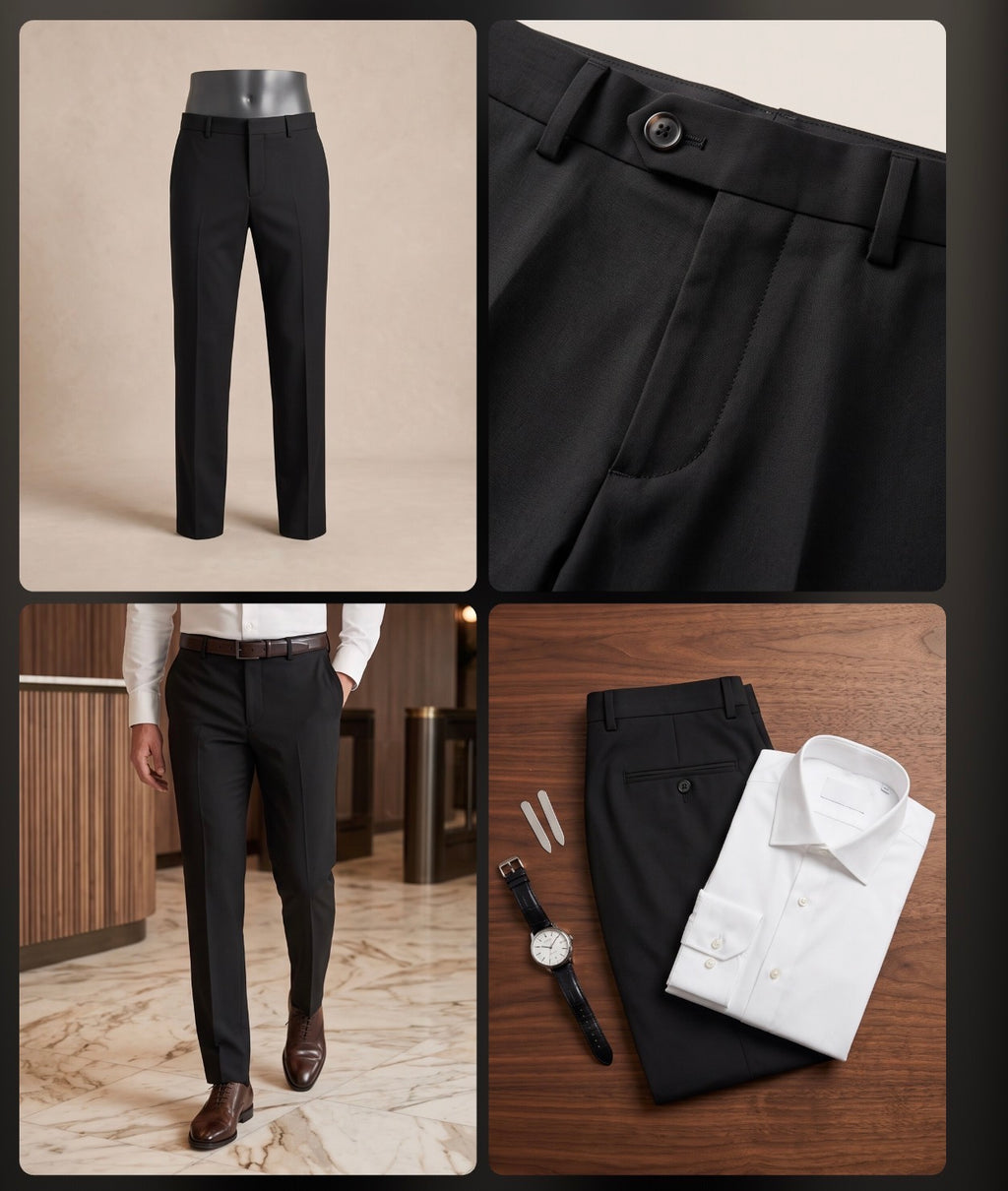 A four-panel collage showcasing men's dress pants. The top-left panel shows the black trousers on a mannequin against a beige background.