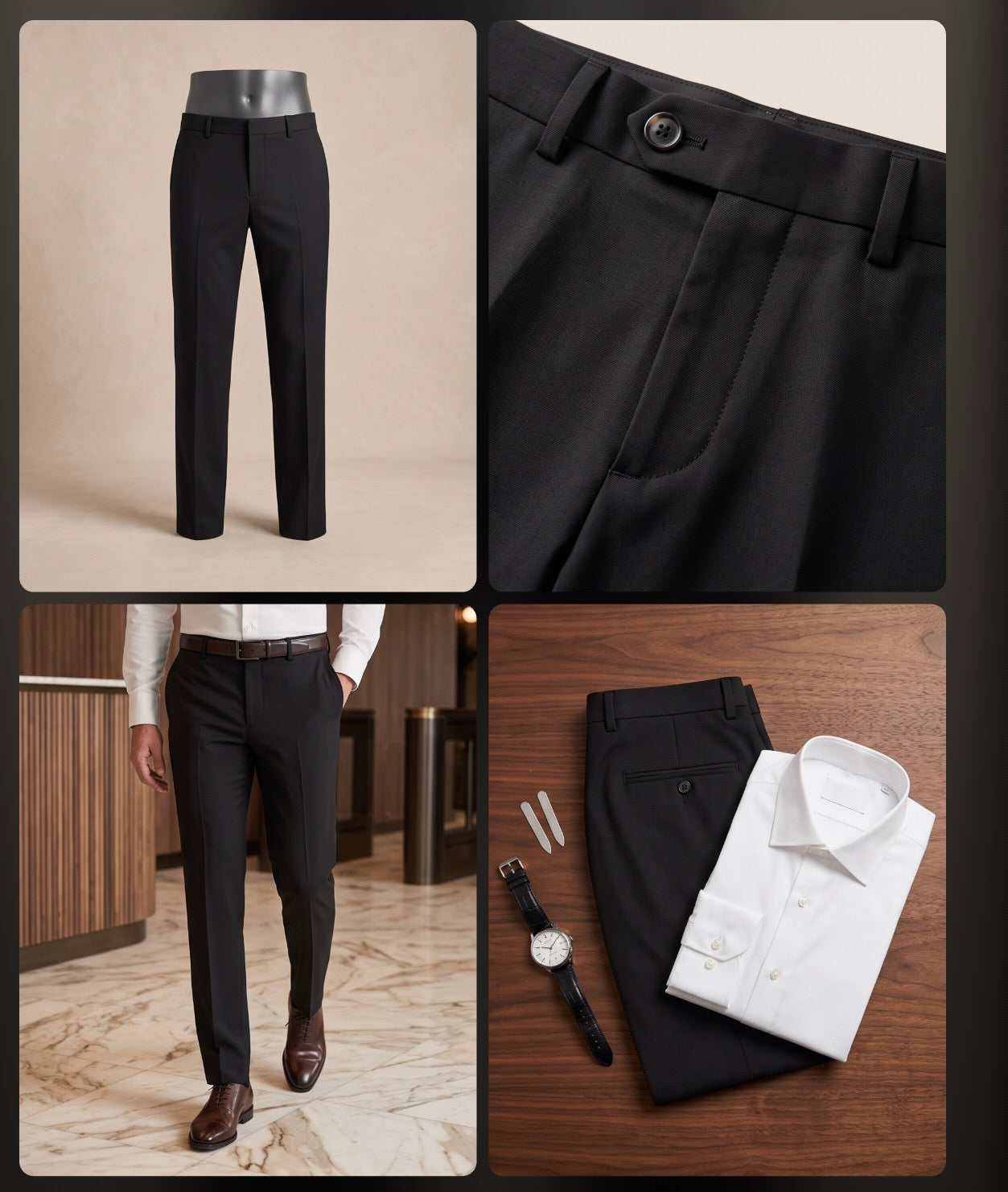 A four-panel collage showcasing men's dress pants. The top-left panel shows the black trousers on a mannequin against a beige background.