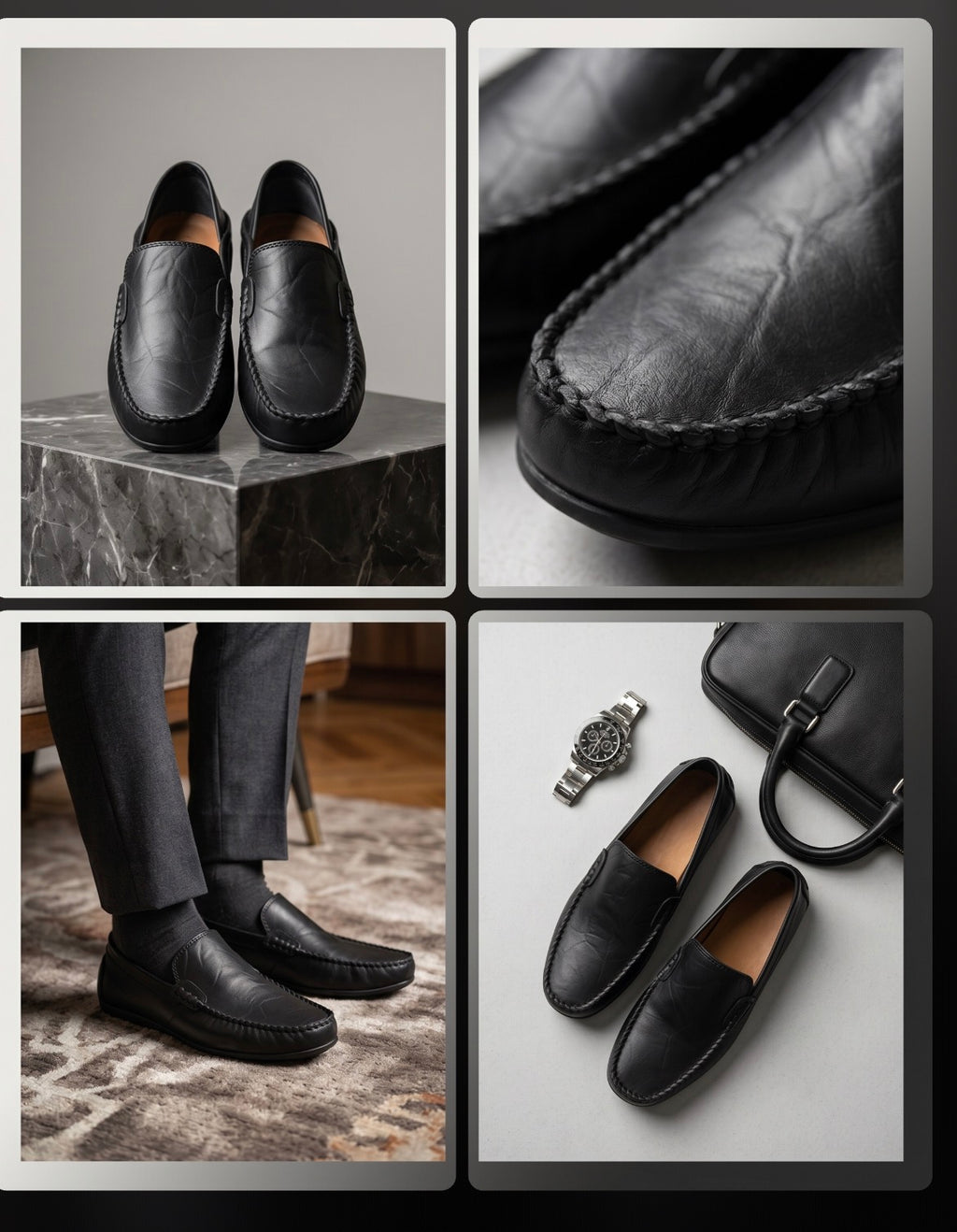 Collage of black leather shoes in various settings