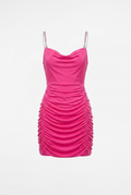 Pink dress with ruched details on a white background