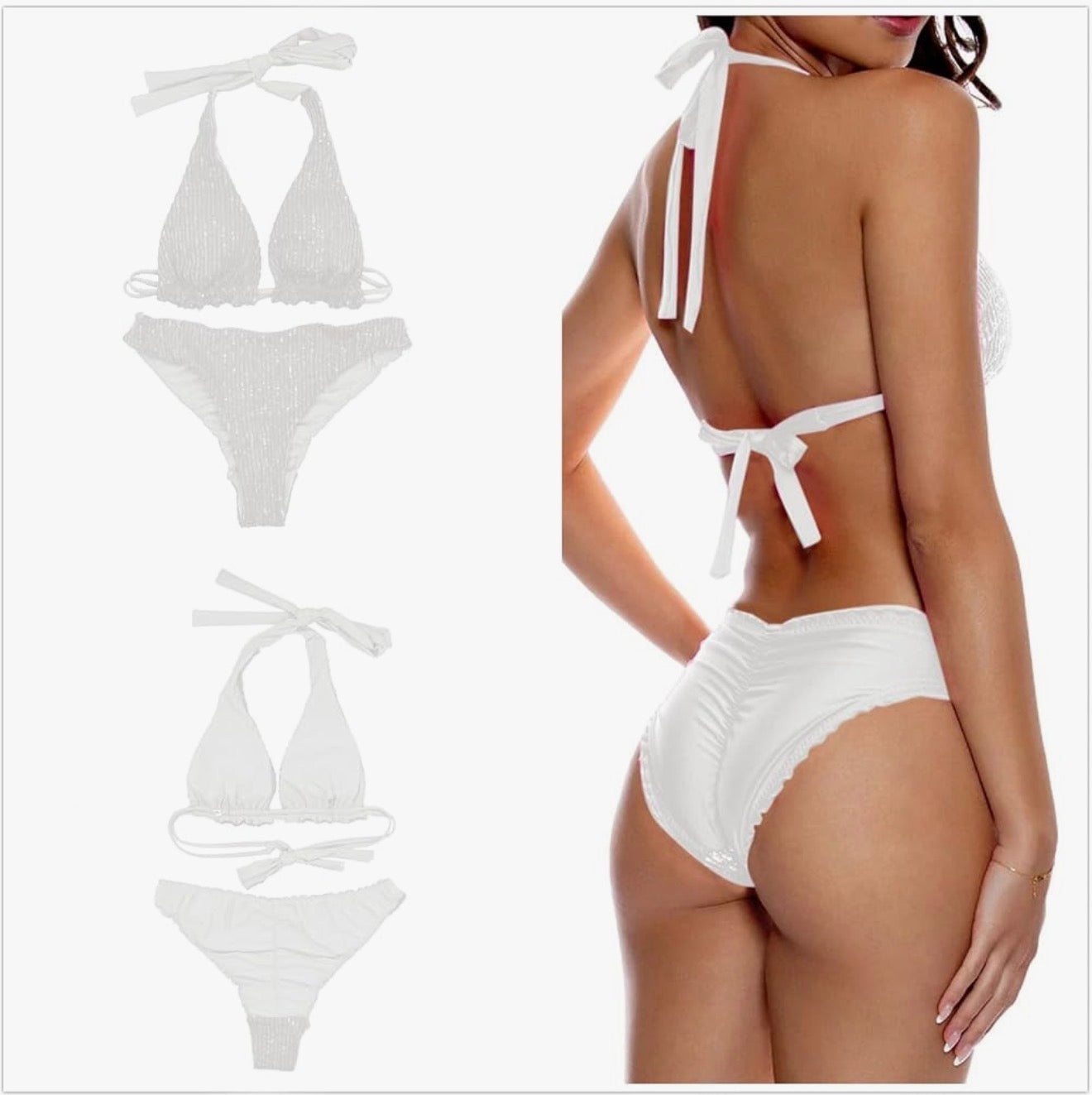 White bikini set with tie details on a white background