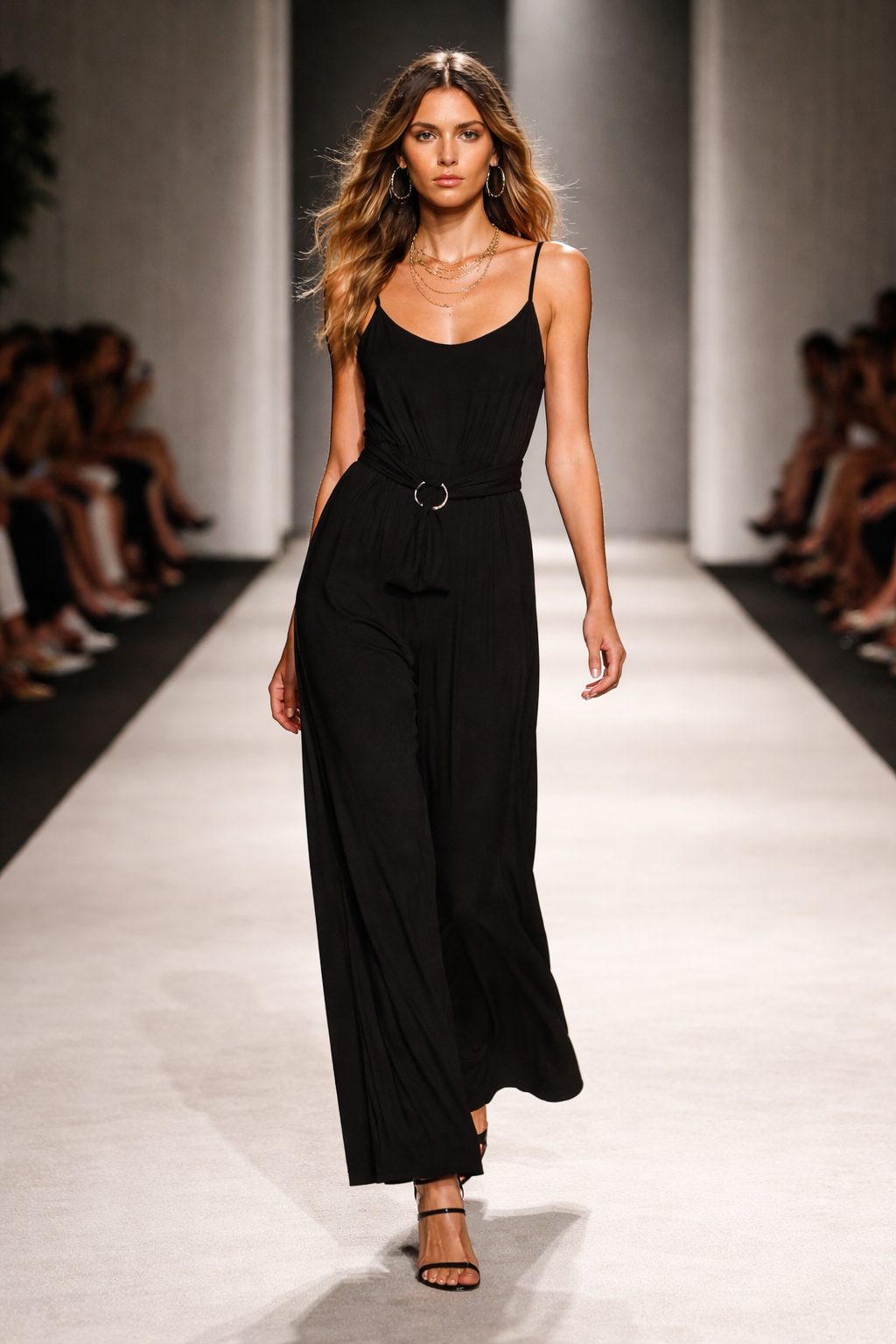 Model wearing a black jumpsuit on a fashion show runway.