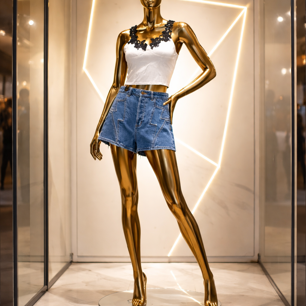 Mannequin wearing a white top and blue shorts in a store setting