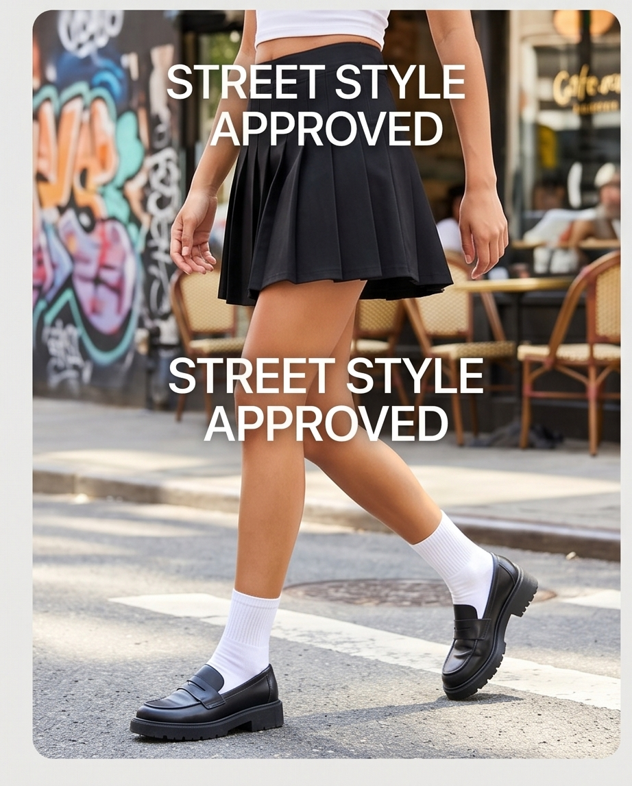 Person wearing a black skirt and black shoes on a street with 'Street Style Approved' text.