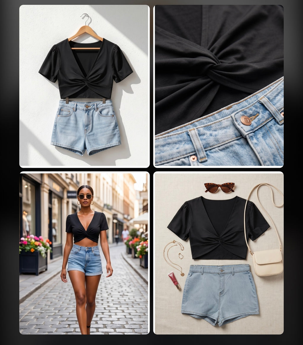 Black crop top and denim shorts outfit with close-up details and street scene.