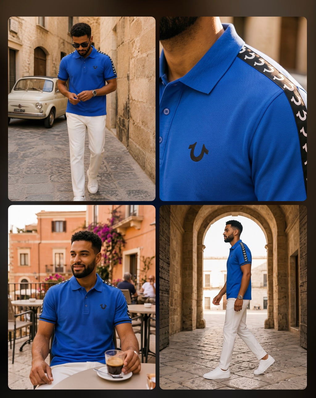 A four-panel collage showing a man wearing a bright blue polo shirt with white trousers in outdoor settings, including a close-up of the shirt chest logo and shoulder detailing.