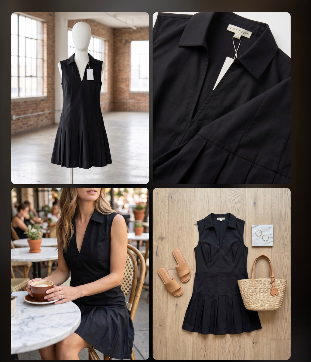 Black sleeveless dress shown on a mannequin, close-up of fabric, person wearing the dress, and dress with shoes and bag on a table.