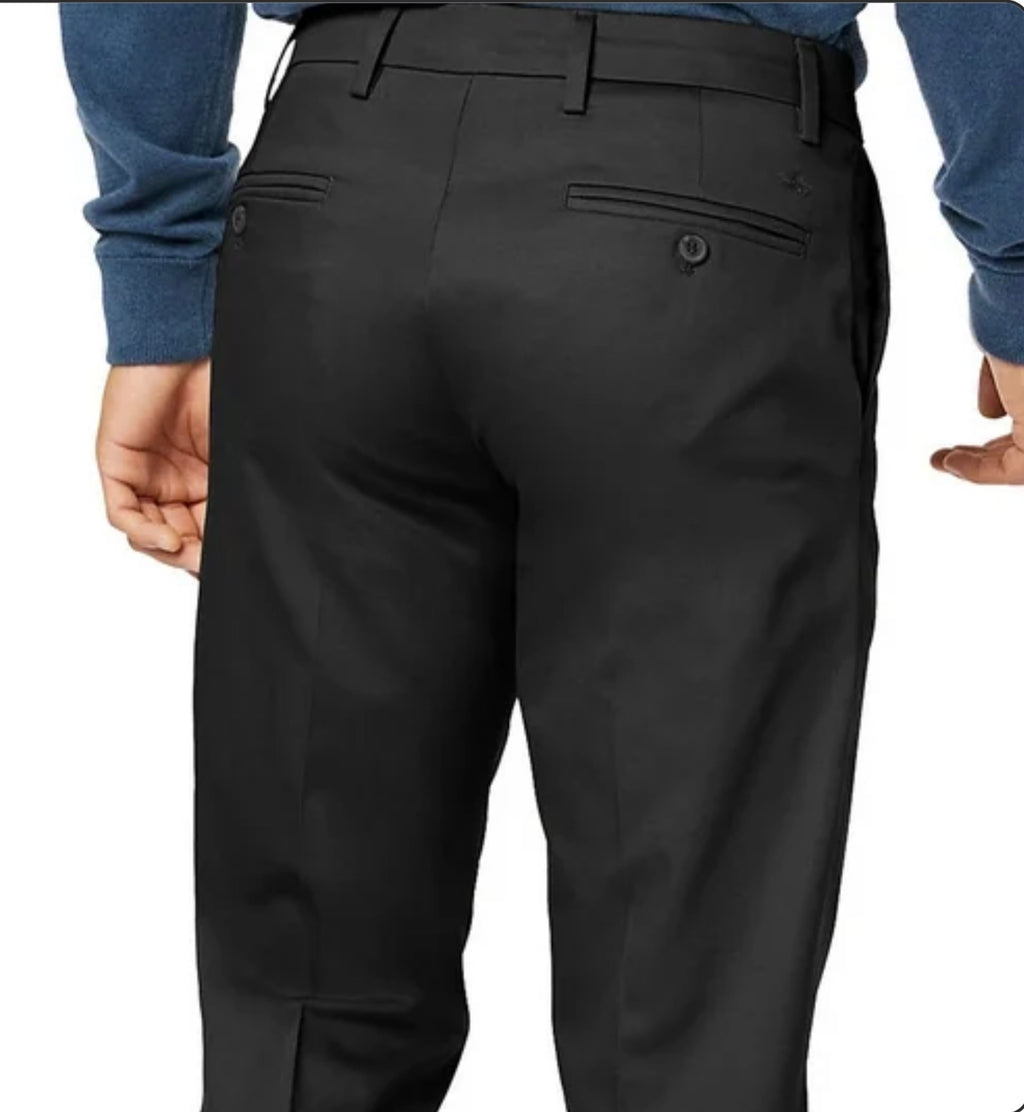 Back view on model — "Back view of man wearing Dockers black straight fit trousers showing rear pockets and tailored fit"