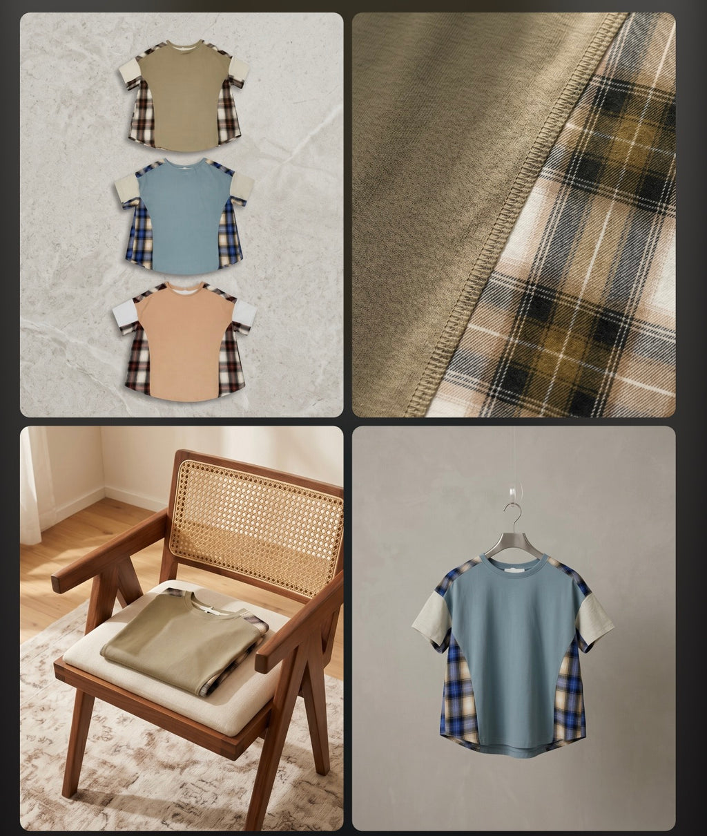 Collage of plaid fabric, shirts, and a chair with a cushion.