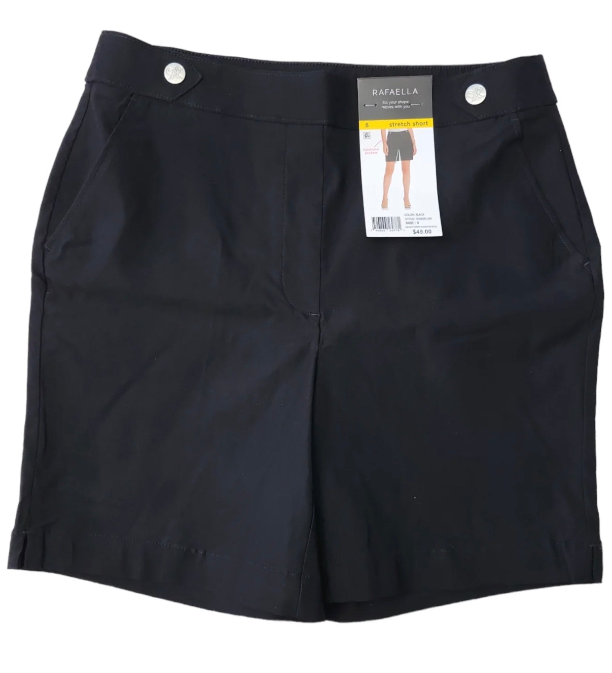 Close-up front with hang tag — "Rafaella Women's black stretch Bermuda shorts with decorative button waistband detail and original hang tag, front view"