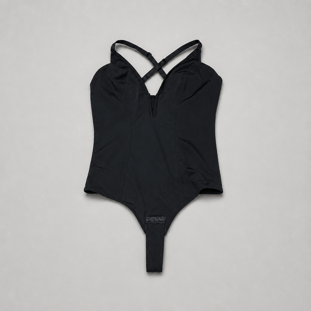 Black swimsuit on a light gray background