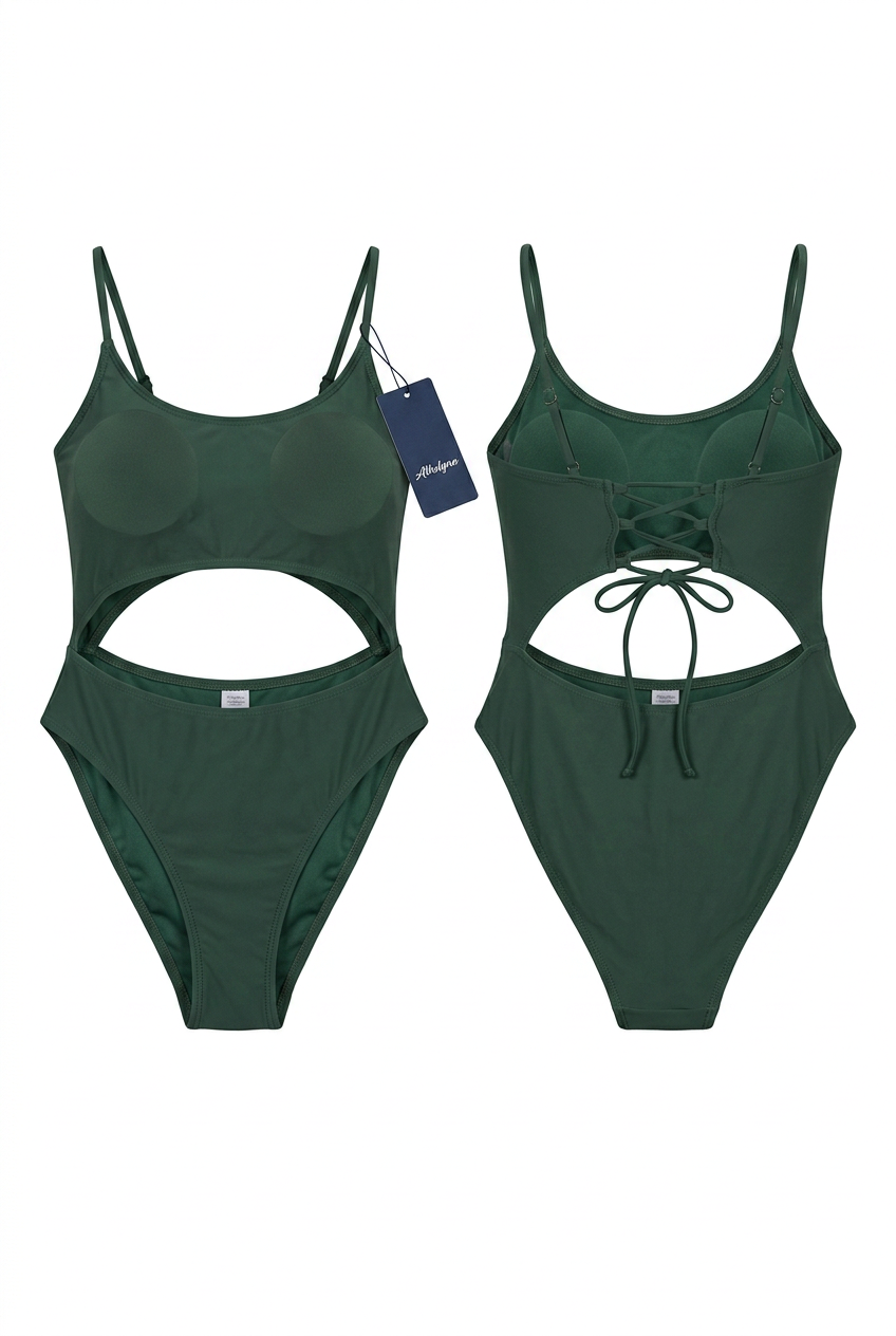 Two green swimsuits with cut-out design on a white background