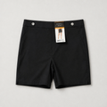 Front view with hang tag — "Rafaella Women's black Bermuda shorts, front view with decorative silver button details on the waistband and Rafaella hang tag"