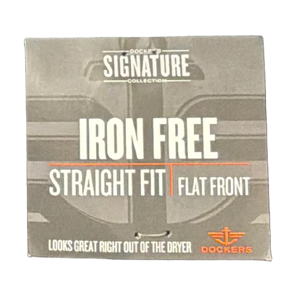 Dockers Signature Collection iron-free straight fit flat front shirt hanger packaging box, featuring a gray and white design with orange accents.