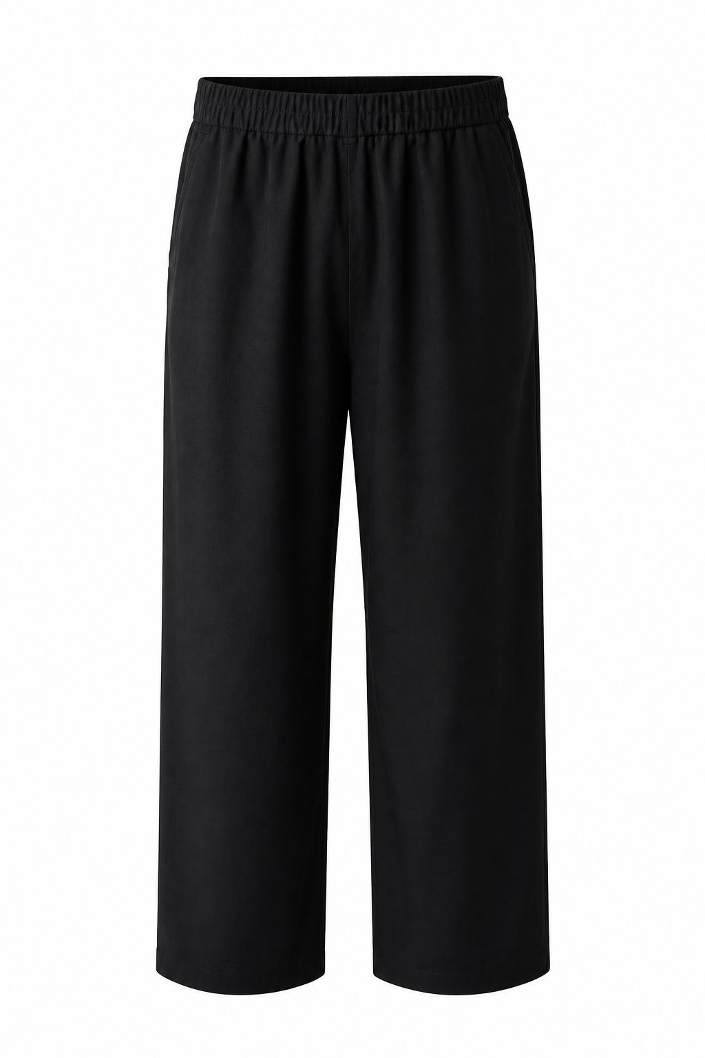 Willit women's black wide-leg trousers – BACK full-length view on model with white tank top"