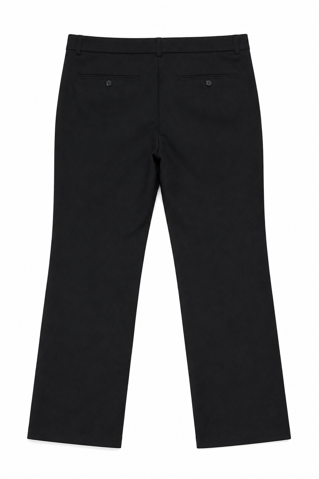 Black trousers shown from the back, featuring two buttoned welt pockets, a waistband with belt loops, and a straight-to-slightly-flared leg, photographed on a solid white background.