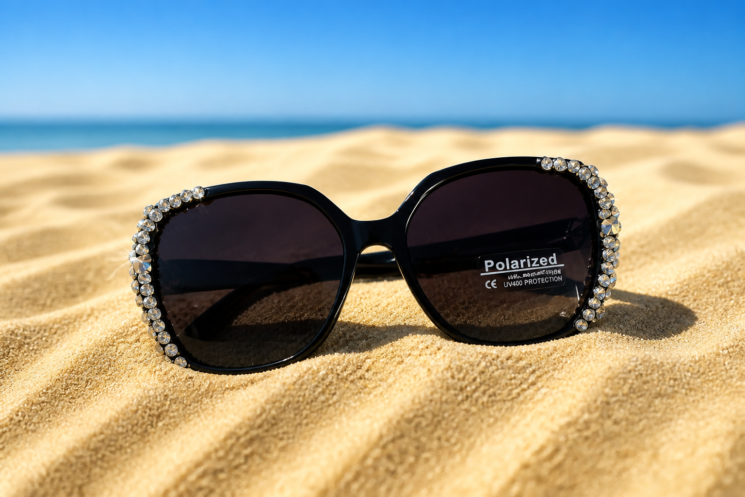 Crystal-edge oversized black sunglasses with polarized purple lenses – front view"