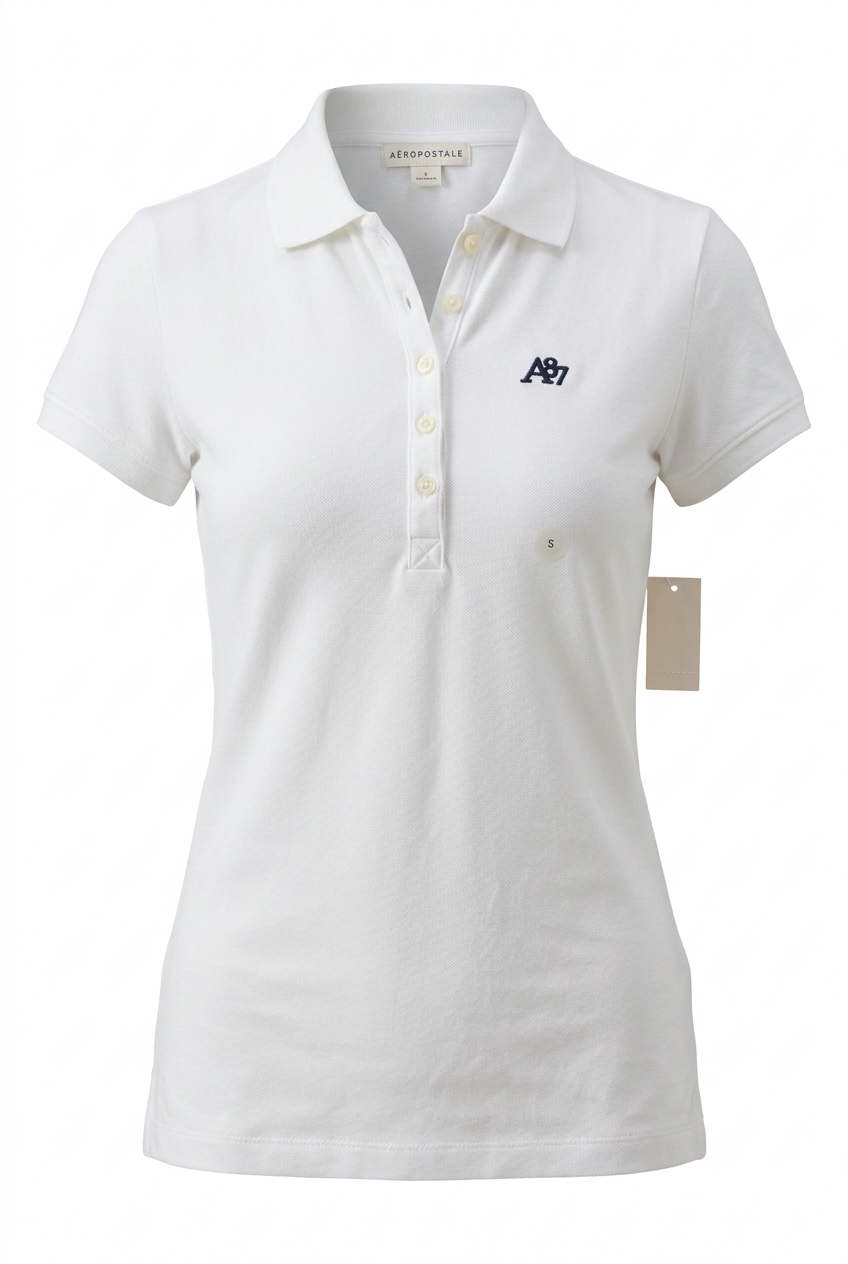 White polo shirt with a logo on a white background