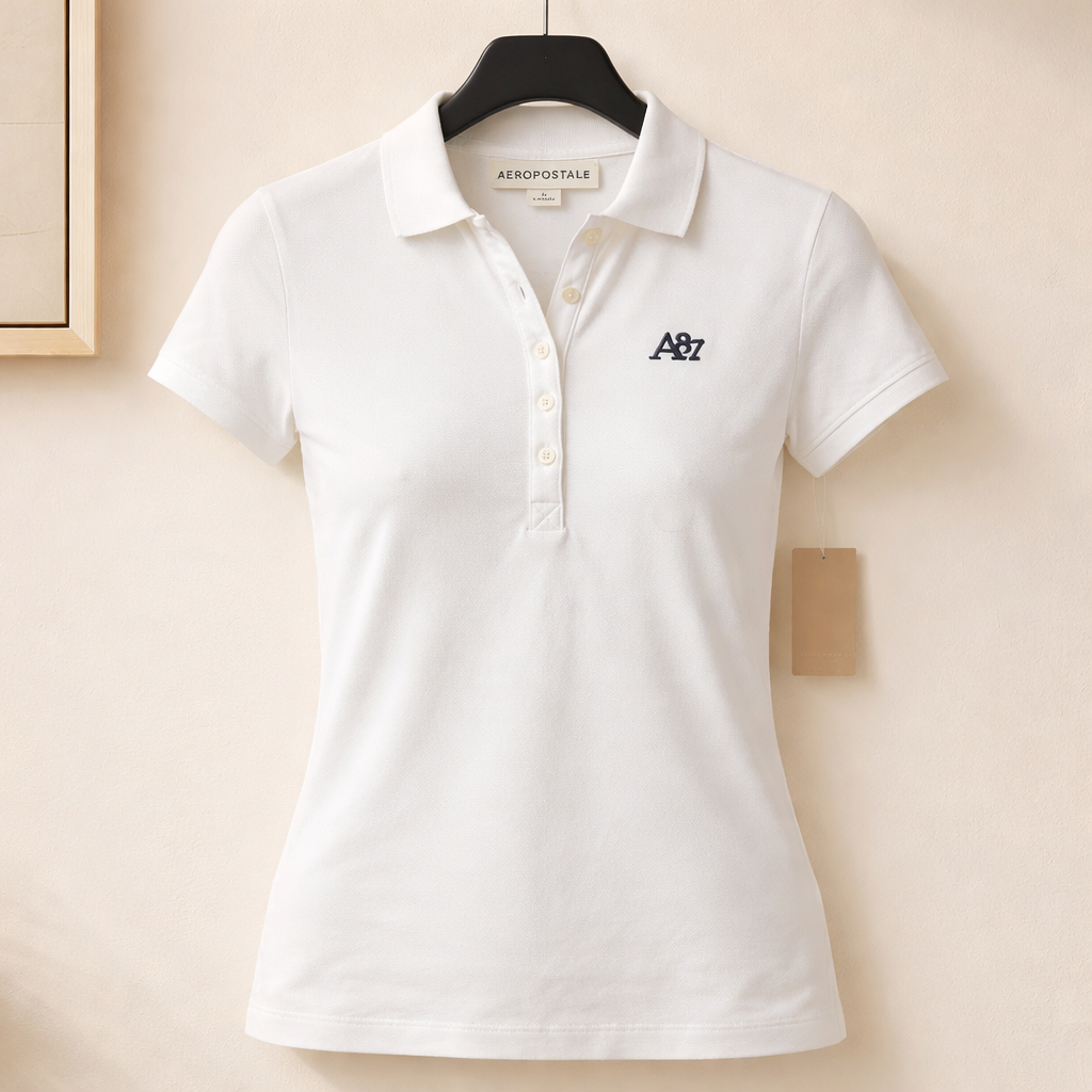 White polo shirt with a brand logo on a beige background