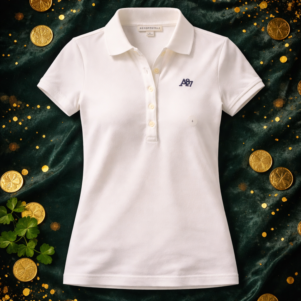 White polo shirt with a logo on a dark green background with gold coins and shamrocks.