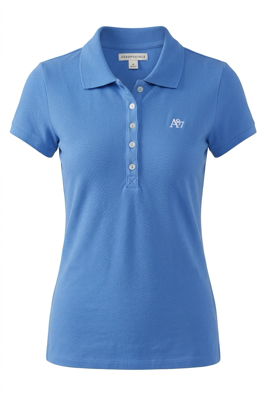  blue  polo shirt with a logo on a white background