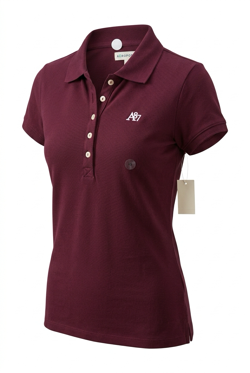 Maroon polo shirt with a logo on a white background