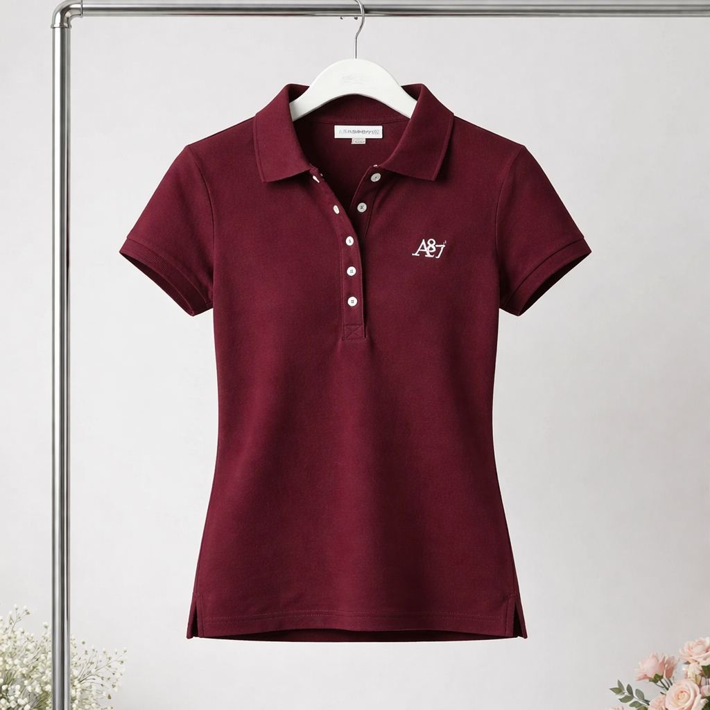 Maroon polo shirt with a logo on a white background