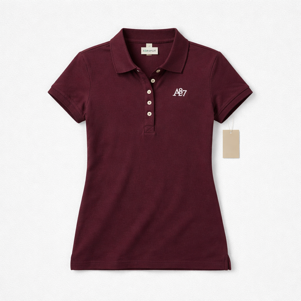 Maroon polo shirt with a logo on a white background