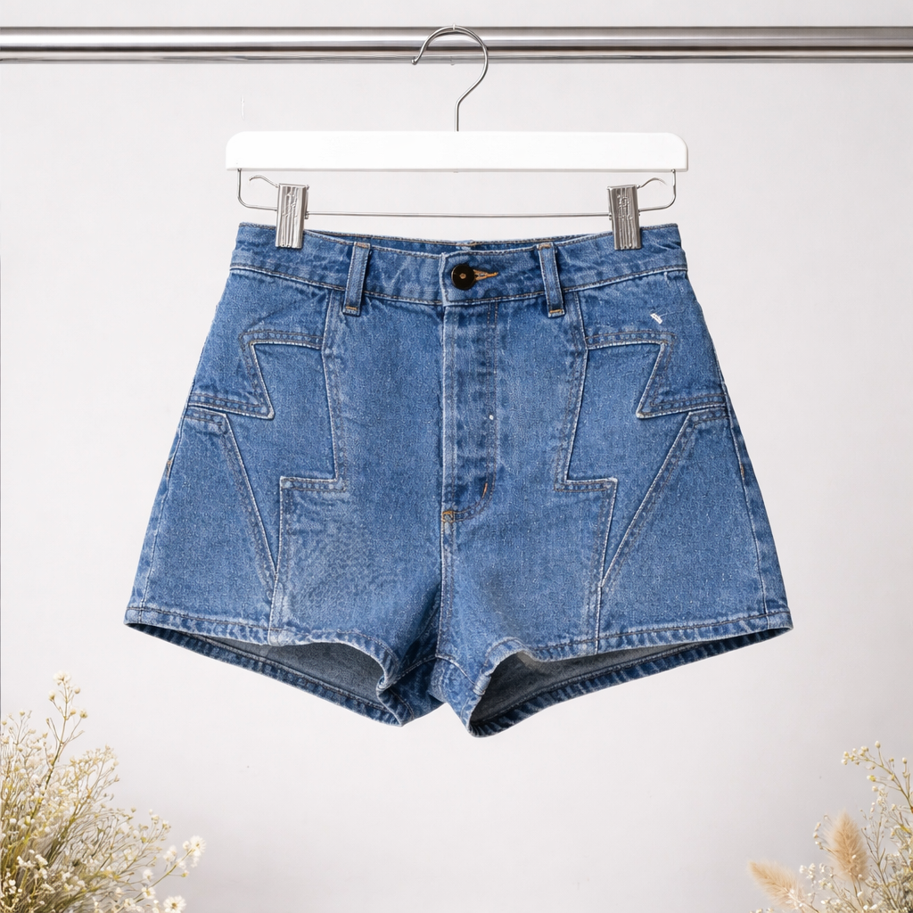 Blue denim shorts on a hanger against a white background